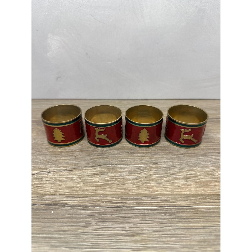 VTG Brass & Red Enamel Christmas Tree Reindeer Napkin Rings Set of 4 1.75x1.5"